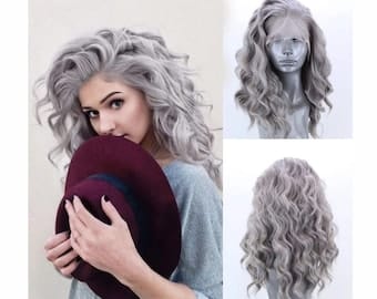 Silver Lace Front Wigs Gray Medium Bob Grey Afro Curly Wave Wig