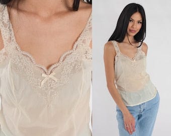 Camisole Lingerie Porn - 70s Lingerie Top Semi-Sheer Beige Camisole Olga Lace Trim Cami Top Retro  Sleeveless Sleep Shirt Romantic Vintage 1970s Extra Small xs 32 | Pornhint