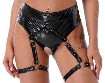 BDSM Harness Crotchless Latex Panties, Strappy DDLG Panties, High Waist Wet  Look Panty, Faux Leather Bondage Lingerie | Pornhint