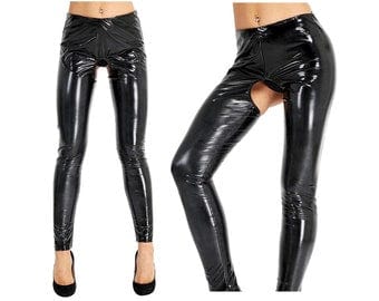 Crotchless Imitation Latex Leggings, PVC Fetish Leggings, Open Crotch Faux  Latex Suit | Pornhint