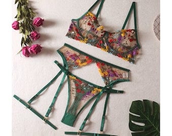 Lingerie Shower Porn - Hunter green floral embroidered mesh 3 piece lingerie set, bridal boudoir,  anniversary, bridal shower lingerie party, bridal gift | Pornhint