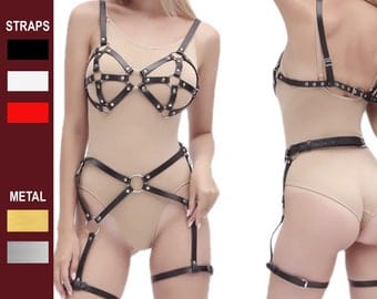 Leather sexy body harness lingerie for hot BDSM games Women open leather lingerie uncensored with garter belt Handmade bondage restraints