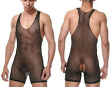 Lingerie Masculina Aberta Sem Censura Bodysuit Transparente ¥ Fato de Luta Livre Transparente para Ele ¥ Costas Racer Sexy Transparente Preto Tule Sem Mangas