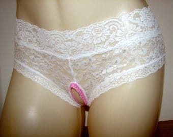 Boy Shorts - Not for the Shy Wedding Panties Sexy Crotchless Lace Boy Shorts Panties  Size M L | Pornhint