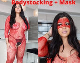 Lencería sin entrepierna roja, regalo de Navidad, Body de lencería sin entrepierna de bodystocking erótico, lencería de pezón de talla grande, Bodistocking + máscara