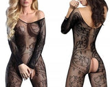 Sexy lingerie, open crotch transparent lace red bodystocking