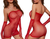 Lencería sexy, mini vestido bodystocking de encaje transparente + GUANTES de encaje