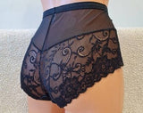 Wide elastic, stretched panties, crotchless panties, black lace, lace crotchless, shorts, lace panties, sexy lingerie woman, open crotch