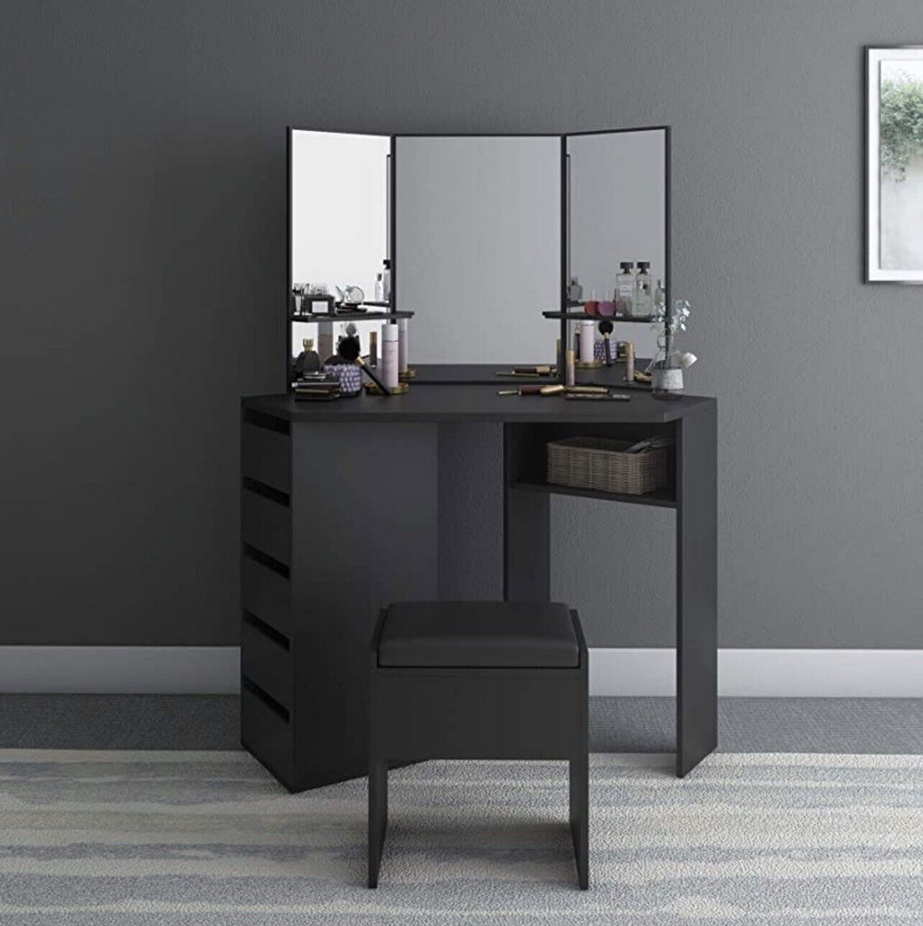 ELEGANT Corner Dressing Table Black Makeup Desk with 3 Angle Mirror and 5  Drawers