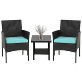 3 Piece Outdoor Furniture Set Patio Wicker Chairs Furniture Bistro Conversation Set 2 Rattan Chairs with Blue Cushions and Glass Coffee Table