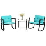 3 Pieces Rocking Bistro Set Outdoor Conversation Sets Rattan Patio Furniture Wicker Rocking Chairs with Blue Cushions and Glass Coffee Table