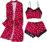 Zzalalana 3pc Silk Pajama for Women Lounge Sleepwear Robe Set Heart Print Exotic Lingerie Nightgown for Women Sexy Naughty