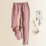 Women Spring Summer Fashion Japan Harajuku Style High Quality Cotton Linen Ankle Length Trousers Female Casual Slim Fit Pants - Khalesexx