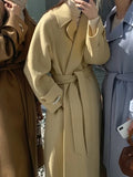 Chaqueta larga de lana Vintage para mujer, abrigos de manga larga de gran tamaño de color caqui elegante para otoño e invierno, mezclas coreanas de negocios con bolsillo para mujer