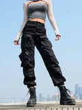 Sweetown Black Cargo Pants Women Fashion 2023 Pockets Patchwork Hippie Trousers Fake Zipper Woven High Waist Streetwear Pants
