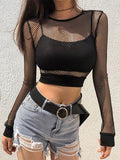 Rapwriter Sexy Black Hollow Out Mesh T-Shirt Female Skinny Crop Top 2023 New Fashion Summer Basic Tops For Women Fishnet Shirt