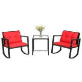 3 Pieces Rocking Bistro Set Wicker Patio Furniture Outdoor Conversation Sets Rattan Rocking Chairs with Red Cushions and Glass Coffee Table