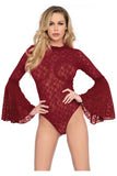 High Neck Stretch Lace Bell Sleeve Bodysuit - One Size - Burgundy