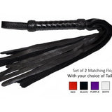 Leather  Florentine Flogger Set - Pair of Two Matching Floggers - Black Braided Handle with Your Choice of Tail Colour