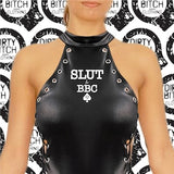 Slut For BBC Logo Bodysuit, Leather look, bbc adult top clothing, fetish, bdsm, hotwife cuckold, sex, pvc, swingers, wife, 18+