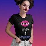 I Only Kiss Bats and Corpses Horror Sexy Vampire Lips Fangs Necro Goth Punk Unisex Heavy Cotton Tee