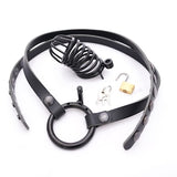 Black Cock Cage with Bondage Belt in Italian Leather, Male Cuckold Chastity Device or Penis Lock with Belt, BDSM Fetish Toys for Men