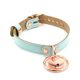 Aqua Adore Blue Leather Amare Collar with Rose Gold Ring & Love Heart Padlock Pendant | BDSM Bondage Submissive DDLG Choker | Col40AqRngPd