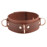 Brown Leather & Rose Gold Premium Three Ring Bondage Collar | Premium Stitched BDSM Bondage Submissive Collar |  Col33BRRg