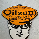 Oilzum Porcelain Enamel sign. Vintage gas and oil advertising. 9ÓX9Ó. Oilzum Motor oils & Lubricants. Worcester, Mass. USA. Petroliana.