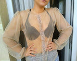 Mesh Tulle Top. Sheer Sexy Transparent  Beige Rhinestone Pearls Long Sleeve Bodysuit Blouse. Birthday GIft.