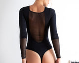 Bodysuit for woman, Black mesh back long sleeves bodysuit, Black top