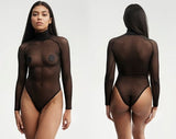 Black Sheer Turtleneck Bodysuit, Sexy Mesh Long Sleeve Bodysuit, Women Leotard, Mesh Bodysuit Blouse, Luxury Lingerie