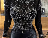 Women sexy mesh Bodysuit, Rhinestone bodysuit,Glitter long sleeve playsuit.