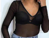 Long Sleeve See Through Top / Sheer Top with Strass/ Sheer See Through / Sheer Top for Women / Lingerie Bodysuit