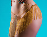 khalesex Gold chain skirt, necklace and nipple tassels. Goddess Dress. Mature.