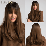 22 inch Long Synthetic Wig with Bangs High Density Dark Root Natural Headline