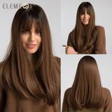 Khalesexx 22 inch Long Synthetic Wig with Bangs High Density Dark Root Natural Headline
