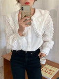 Khalesexx casual Alien Kitty 2021 New Arrival Elegant Tops Women Shirt Lace Stitching Lantern Sleeve Doll Collar Korean Style Loose Blouse Blusas