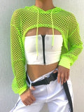 ArtSu Long Sleeve Tshirt Women Hooded Hollow Out Sexy Punk Rock Short Crop Top White T-shirt Fishnet Black Mesh Shirt Clothes