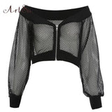 ArtSu Summer 2023 Black Mesh Top Long Sleeve Off Shoulder Sexy Club Wear Short T-shirt Fitness Crop Top Streetwear ASTS20417