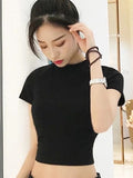 Best Sell O-neck Sexy Crop Top Ladies Short Sleeve T Shirt Tee Shein T-shirt Basic Stretch T-shirts Women Harajuku