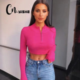 CNYISHE 2023, Tops cortos informales de neón para primavera, camiseta para mujer, camisetas sexis lisas con cremallera para Fitness, camisetas de manga larga con cuello redondo, Blusas para mujer