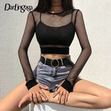 Darlingaga chique preto malha fishnet topo ver através de manga longa t camisa roupas femininas 2023 casual recortado camisetas femininas