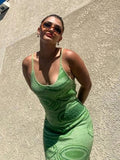 Fsda 2023 vestido bodycon de malha estampado feminino verde verão oco sexy sem mangas alça espaguete praia vestidos midi festa