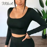 FSDA Summer Spring Crop Top Feminino Manga Comprida Camisa Sexy Preta Branca Decote Quadrado Camiseta Casual Mujer Senhoras