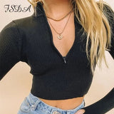 FSDA V Neck Zip Up Ribber Autumn 2023 Sexy Black Crop Top Long Sleeve Women Gray Basic Top Shirt Casual T Shirts Streetwear