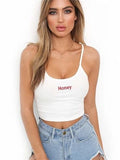 Khalesexx CS Macheda 2018 New Fashion Women Tank Tops Red White Letter "Honey" Print Sexy Casual Sleeveless Camisole Crochet Croptop