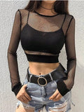 Rockmore Mesh Transparent Tshirt Women Bodycon Long Sleeve Crop Top Tee Shirt Ladies See Trough Streetwear Fishnet Basic T Shirt