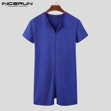 Khalesexx MenU Men Pajamas Rompers Solid V Neck Zipper Fitness Short Sleeve Cozy Homewear Playsuits Leisure Men Jumpsuit Sleepwear INCERUN 8