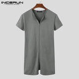 Khalesexx MenU Men Pajamas Rompers Solid V Neck Zipper Fitness Short Sleeve Cozy Homewear Playsuits Leisure Men Jumpsuit Sleepwear INCERUN 8